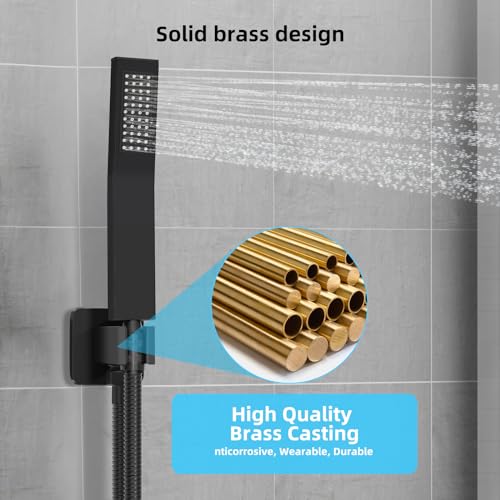 Bathroom Shower Faucet Set，12 Inch Rain Shower Head with Handheld Spray，Brass Shower Valve Trim Kit，Wall Mounted Square Rain Shower System (Matte black) - color: Matte Black, size: 12 Inch Shower Head