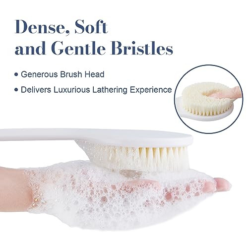Back Scrubber for Shower, Shower Body Brush for Cleaning with Long Handle for Showering, 17 Inch Back Washer Exfoliator for Shower Men Women with Non-Slip Handle, Adhesive Hook (White) - size: White - Artificial Bristles