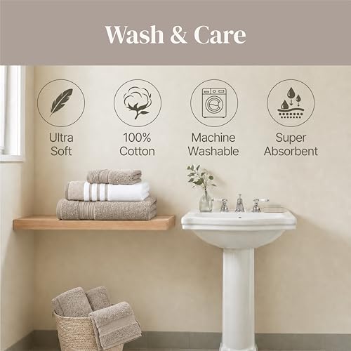 Modern Threads 6-Piece Towel Set – 100% Cotton, Quick Dry, Ultra Absorbent – Includes 2 Bath, 2 Hand, 2 Washcloths (White/Reinhart Tan) - color: Brown, style: Classic Stripe