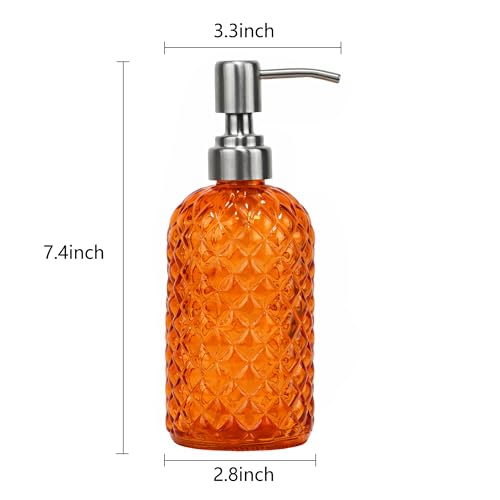 16 oz Diamond Pattern Glass Soap Dispenser, Kitchen and Bathroom Refillable Soap Dispenser with Rust Resistant Stainless Steel Pump for Hand Soap, Lotion Glass Liquid Dispenser - color: Orange