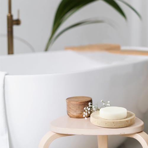 Marble Soap Dishes Natural Travertine Stone Sponge Holder for Bathroom Tub Shower Kitchen Sink, Handcraft Round Soap Case Trinket Plate Jewelry Tray Coaster for Home Decor Color Beige (WH046) - color: Beige