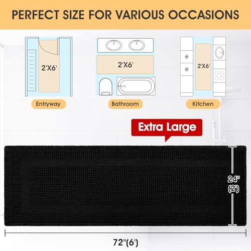 IM HOME Extra Large Waffle Bath Mat, Boho Bathroom Rugs Absorbent Non Slip, Soft Bathroom Mats, Machine Washable Knit Bath Rugs with Tassels for Bathroom, Bedroom, Kitchen, Shower, Tub, Black, 6'x2' - color: Black-looped, size: 2' x 6' (Runner)