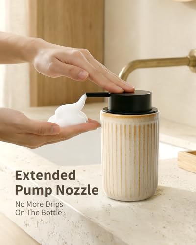 BosilunLife Foam Hand Soap Dispenser - Ceramic Foaming Soap Dispenser for Bathroom 12oz Refillable Liquid Lotion Soap Dispenser with Rust-Proof Foaming Pump for Countertop, Greige - color: Greige Foam Pump