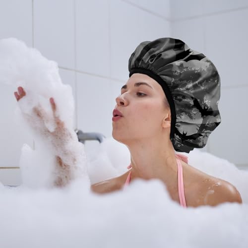Luxury Shower Cap Terry Lined Reusable Triple Layer Waterproof Hair Elastic Caps Shower Bath Hat for Women Girls Cute Aesthetic-Black Bat - color: AL12-Black Bat