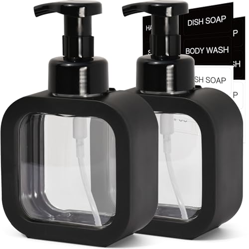 Foaming Soap Dispenser, 2 Pack 300ml (10oz) Plastic Refillable Foaming Hand Soap Dispenser with 16 Pcs Waterproof Labels, Foam Pump Bottle for Bathroom and Kitchen (Black) - color: Black