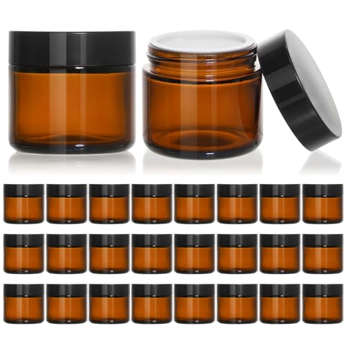KEYWING 2 oz Amber Glass Jars with Black Lids, 24 Pack Small Cosmetic Jars, Round Empty Sample Container with Inner Liners for Lotions, Cream, Powders and Ointments - color: Amber, size: 2oz-24Pack