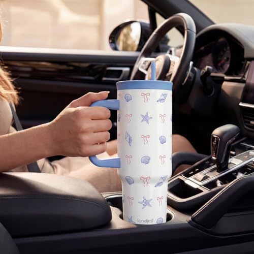 SANDJEST Beach Lover Stainless Steel Locking Lid Silicone Straw Tumbler with Handle 40oz, Insulated Stainless Steel Travel Cup for Women Girls Friends, Gift Idea for Birthday Vacation (Bow Seashell) - color: Beach Lover 1