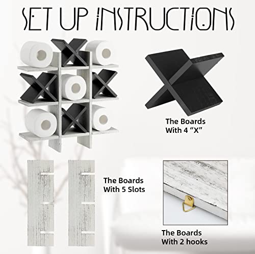 Weysat Tic Tac Toe Toilet Paper Holder Stand Bathroom Wall Decor Rustic Wooden Hanging Storage Freestanding Wall Mounted Shelves Decor for Toilet Tissue Farmhouse - color: Retro White, Black