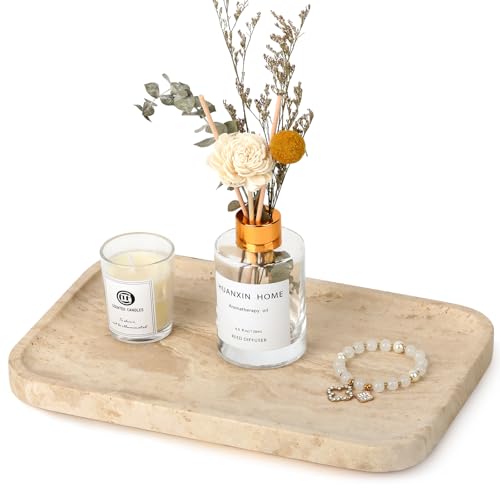 Natural Travertine Vanity Tray - Decorative Stone Marble Tray for Bathroom Countertop, Elegant Organizer for Home Decor, Jewelry, Candle, Makeup, Kitchen and Dresser Decor - color: Rectangle Beige, size: 11.8" x 7.9" x 0.8"