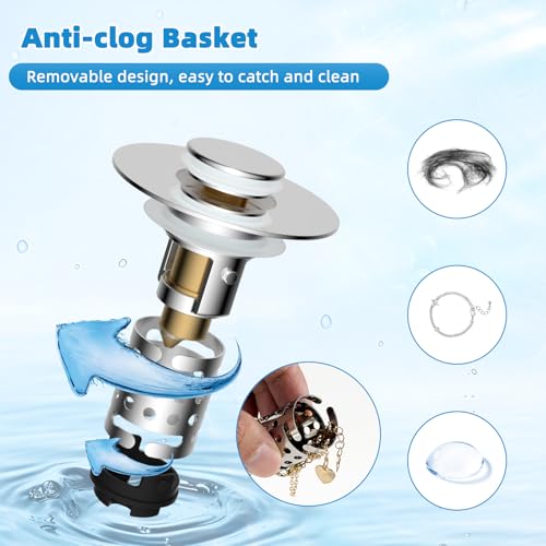 Universal Bathroom Sink Drain Stopper Hair Catcher, Chrome | Upgraded with 2-Layer Detachable Filter Basket, 4 in 1 Pop Up Drain Strainer, Anti-Clog, Fit for 1.1''~2.36'' Sinks - color: Chrome Finish
