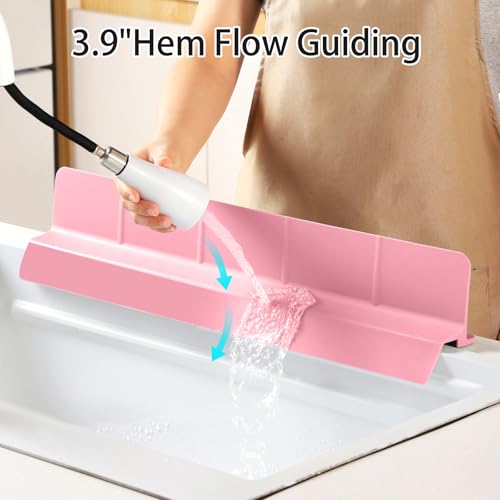 23" Ultra Silicone Sink Splash Guard Released in 2026,Self-Draining Water Splash Guard for Kitchen Sink,Bathroom and Island,with 3.5" High Splash Guard & 7 Strong Suction Cup (Pink) - color: Pink