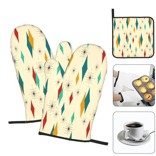 Mid Century Modern Oven Mitts and Pot Holders Set Heat Resistant Non Slip Set of 3 Retro Decor Kitchen Gloves Hot Pads for Cooking BBQ Baking Grilling - color: Mid Century
