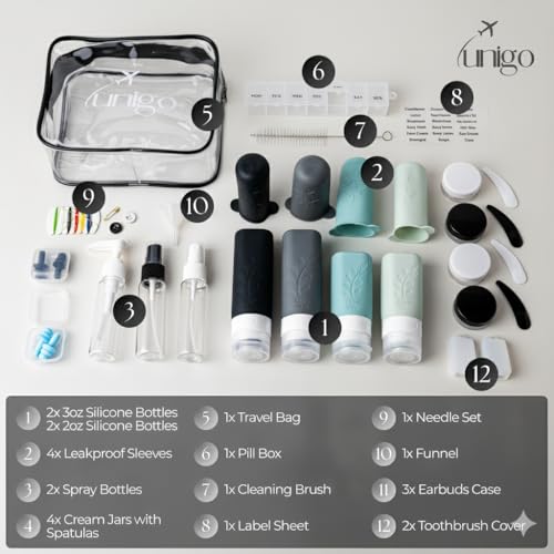 unigo 30 PACK Travel Bottles Set for Toiletries - Leakproof Refillable Travel Size Containers, TSA Approved Bottles with Labels, Brush & Covers for Carry-On Travel