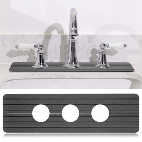 Teenyyou 3 Hole Gray Faucet Mat for Kitchen Sink Bathroom 15.94" x 4.92" Kitchen Faucet Absorbent Mat Diatomite Splash Guard Quick Drying Stone Drip Catcher Hole 2.36" Holes Spaced About 1.65" - color: Gray, style: 3 Hole
