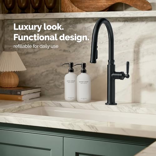Vine Creations White Glass Soap Dispenser Set, Dish Soap and Hand Soap Dispenser Set with Stainless Steel Pump, 16 oz Glass Dispensers for Kitchen or Bathroom Decor (Matte White Bottle/Matte Black) - color: White Bottle / Matte Black Pump