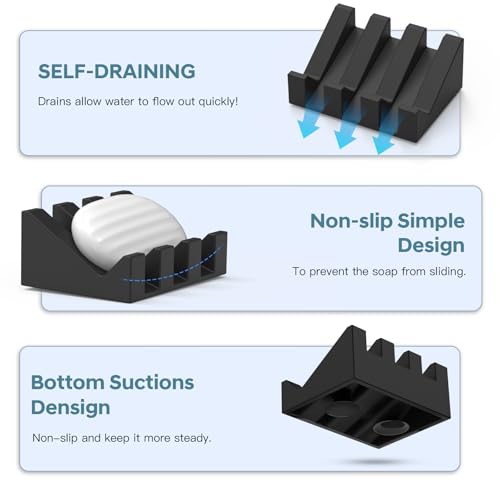 Soap Dishes with Suction Cups, Silicone Soap Holder & Saver with Drainage, Bar Soap Holder for Shower for Bathroom, Kitchen, Bathtub, Easy to Clean, Keep Soap Dry, Extend Soap Life(Black) - color: Black