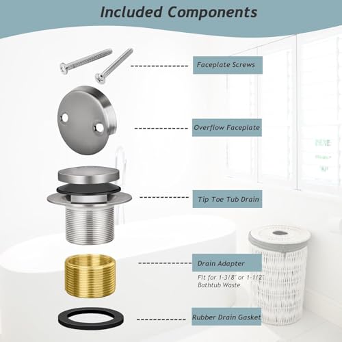 Tip-Toe Bathtub Drain Kit with Two-Hole Overflow Plate, Premium Quality Bath Tub Drain Replacement fits for All Bathtub, Universal Fine/Coarse Thread Bathtub Stopper (Brushed Nickel) - color: Brushed Nickel