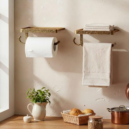LemonRoad 2 Pack Vintage Carved Toilet Paper Holder with Shelf, Antique Wall-Mounted Tissue Roll Holder with Phone Storage Rack, Rust-Resistant Bathroom Accessories