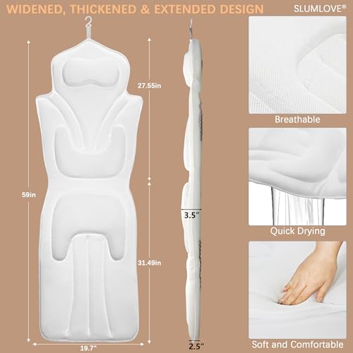 Full Body Bath Pillow for Bathtub Thickened 5D Air Mesh 144 Suction Cups | Bath Pillow Luxury Bathtub Pillow 3.7'' Head, Neck and Back Support Bath Tub Pillow Extra-Large 59 x 20 Inch Size - color: White, size: Large