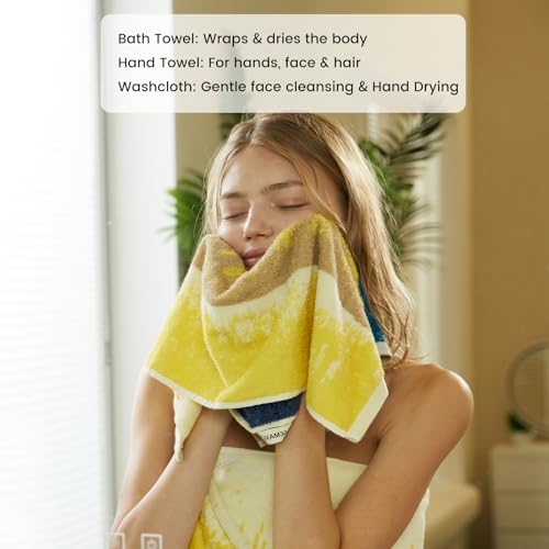 8-Piece Cotton Bath Towel Set for Bathroom, Hanging Loops, Coastal Ombre | Complete starter set for daily showers, sink-side use, small bathrooms, and guest baths, OEKO-TEX certified, easy care - color: C02: Colorful - Beach
