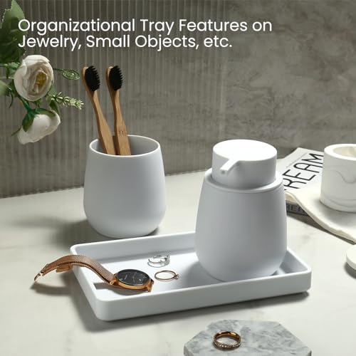 Bathroom Accessories Set, Modern 3 Pcs Bathroom Essentials - Soap Dispenser, Toothbrush Holder & Tray, Countertop Vanity Organizer (White) - color: White