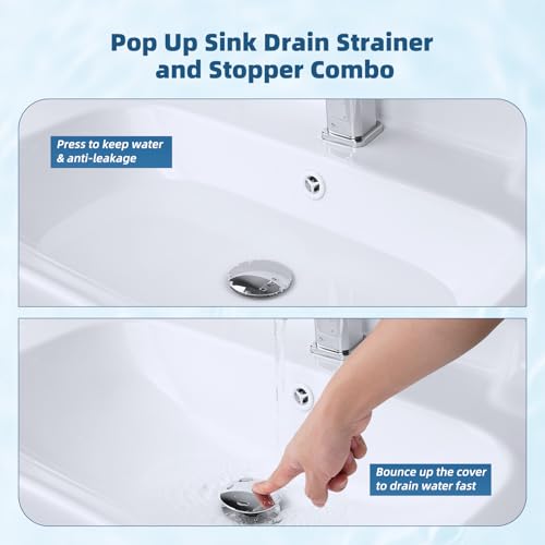 Hibbent Upgraded 3 in 1 Bathroom Sink Drain Strainer, Universal Pop Up Sink Stopper with Big Push Cap, Anti-Clogging Metal Filter Basket,Sink Plug with Hair Catcher for 1.1''~2.36'' Basin, Chrome - color: Chrome