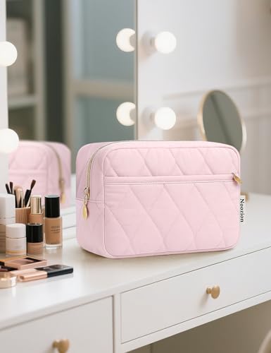 Noozion Makeup Bag Travel Toiletry Bag, Puffy Padded Cosmetic Bag for Women, Makeup Organizer Case, Wide-open Pouch Purse, Travel Essentials - color: Pink