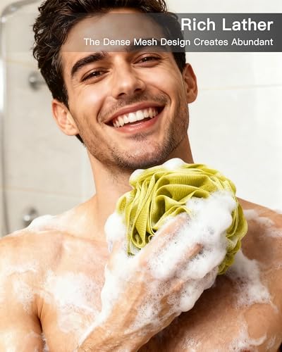 Loofah Sponge 70g, Large Exfoliating Flower Bath Sponge, Soft Durable PE Mesh with Reinforced Knotting, Rich Lather Bath Scrubber for Body, for Travel or as a Holiday Gift (4Pack, Green, Red, Blue) - color: Green, Red, Blue, size: 1 Count (Pack of 4)