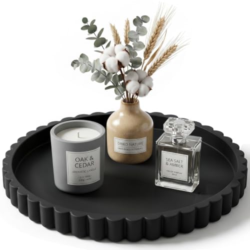 Round Silicone Vanity Tray Matte Black 12 Inch Scalloped Organizer | Decorative Tray for Bathroom Counter, Perfume Candle Soap Makeup Vanity Centerpiece Dresser Living Room Decor-12 x 12 x 0.8" - size: 12"