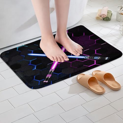 Castle Fairy 3D Purple Blue Light Up Sword Non Slip Bath Mat Kids Boys Honeycomb Bathroom Rug Girls Men Abstract Hexagon Shaggy Absorbent Floor Mat Modern Cool Black Bath Indoor Doormat Decor,16"x24" - color: Lightsaber 02, size: 16" x 24"