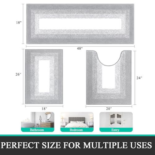 Bsmathom Bathroom Rugs Sets 3 Piece, Non-Slip Absorbent Bath Mats, Plush Shaggy Microfiber Bath Rug with U-Shaped Contour Toilet Mat Machine Washable, Light Grey - color: Light Grey, size: 18"x26"+18"x48"+U Shape 20"x24"