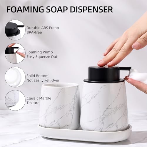 BosilunLife Ceramic Bathroom Accessories Set 3 Pcs, Foaming Soap Dispenser and Toothbrush Holder with Tray, Modern Farmhouse Vanity Decor, Narble Pattern Housewarming Gift - color: Marble, style: Foam