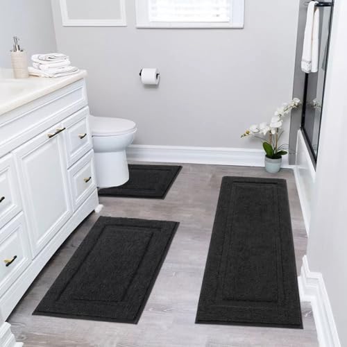 SHACOS Black Bathroom Rugs Sets 3 Piece Bath Mat U Shaped Toilet Rug | 20x47+ 20x32+ 20x24, Soft Fluffy Microfiber Bath Rugs Set, Non Slip Washable Absorbent Bathroom Runner Floor Mats Shower Rug - color: Black, size: 20"x32"+ 20"x47"+U Shape 20"x24"