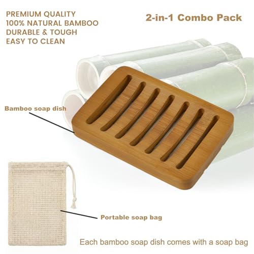 2-in-1 Soap Dish Combo Pack Includes 1 Bamboo Soap Holder and 1 Soap Bag, Slotted Wooden Soap Dish Self Draining, Shampoo Bar Tray for Shower, Bathroom, Countertop (Natural Brown Wood)