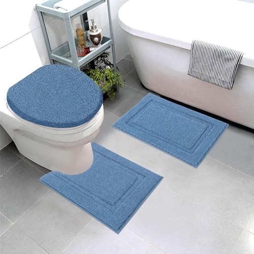 SHACOS Microfiber Small Bathroom Rugs Set of 3 Piece with Toilet Lid Cover | Non Slip Super Soft Absorbent 16"x24" Bath Mat U Shape Contour Mat Bathroom Carpet Machine Washable(Blue) - color: Blue, size: 16"x24"+U-Shape 20"x24"+Lid Cover 19"x21"