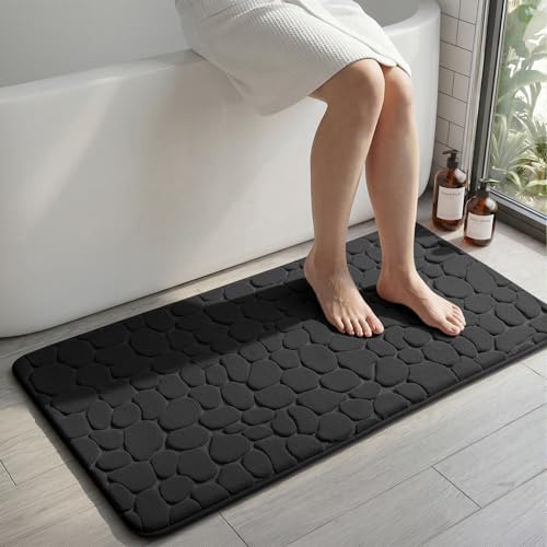 YIHOUSE Memory Foam Runner Rug, Cobblestone Bathroom Runner Rugs Super Water Absorbent Bath Mats for Bathroom Machine Washable Bath Rugs for Hallway Bedroom Laundry Room(24 x 47,Black) - color: Black Single, size: 2' x 3'11" (Rectangular)