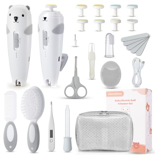 Lilian&Gema Baby Healthcare and Grooming Kit, 28-in-1 Rechargeable Nail Trimmer Electric Set, Dual Auto Light Baby Nail Care Kit, Portable Newborn Nursery Health Care Set for Infant Toddlers Boy Girl - color: Grey