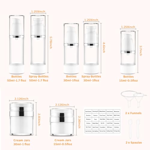 13 Pack Big Travel Size Containers, Airless Pump Bottles Jar Kit | 1.7 1 0.5oz, Clear, TSA Approved, Leak Proof, Refillable, Jars for Travel Home Toiletries, Lotion, Liquid, Cream