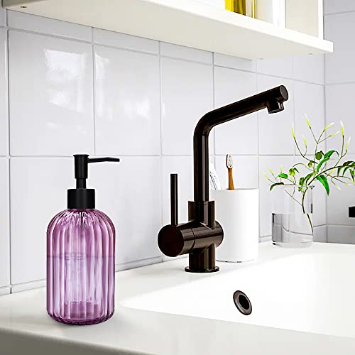 Pack of 2 Glass Soap Dispenser with Black Pump, 400 ml Refillable Pump Dispenser for Kitchen, Bathroom, Laundry Room, Liquid Glass Bottle for Washing Up Liquid, Shampoo, Conditioner (Purple) - color: Purple