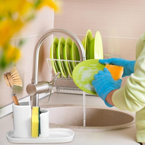 Geelin 3 in 1 Ceramic Kitchen Sink Caddy Dish Sponge Holder Scrub Brush Holder and Soap Tray for Kitchen Organizer White Rustic Farmhouse Supplies(White) - color: white