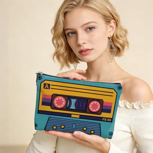 Retro Cassette Makeup Bag for Women, Retro Music Lovers Canvas Cosmetic Makeup Pouches with Zipper Travel Makeup Cosmetic Bags, Vintage Themed Toiletry Organizer Pouch Birthday Gifts - color: Multicolor 0006