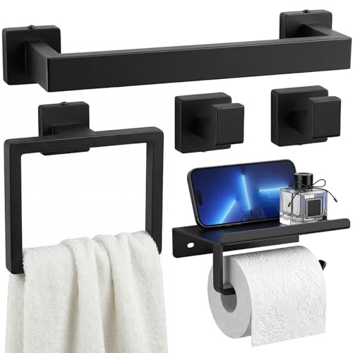 Tudoccy 5-Pieces Matte Black Bathroom Accessories Set, Bathroom Hardware Set SUS304 Stainless Steel Rustproof Wall Mounted - Includes 16" Hand Towel Bar, Toilet Paper Holder with Shelf, Towel Hooks - color: Black, size: 16 Inch 5 pcs