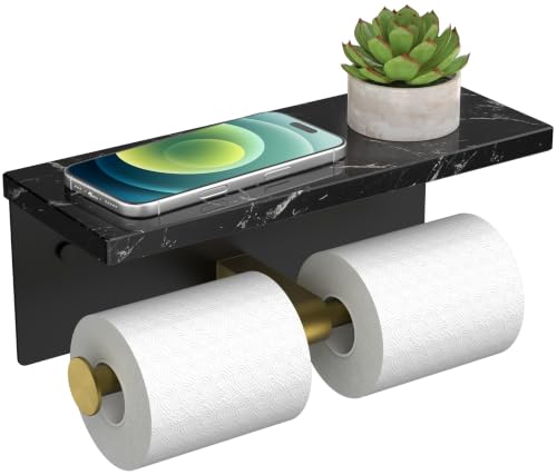 FORIOUS Double Toilet Paper Holder with Shelf, Wall Mount Tissue Roll Holder for Bathroom, 304 Stainless Steel Commercial Toilet Tissue Dispensers with Phone Shelf (1, Black & Gold-Marble) - color: Black & Gold-marble