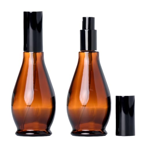 UPSTORE 2Pcs 100ml/3.4oz Amber Glass Lotion Pump Bottles Travel Size Pump Dispenser Cosmetics Containers Bottle Jar with Black Pump for Essential Oil Foundation Cream Shampoo