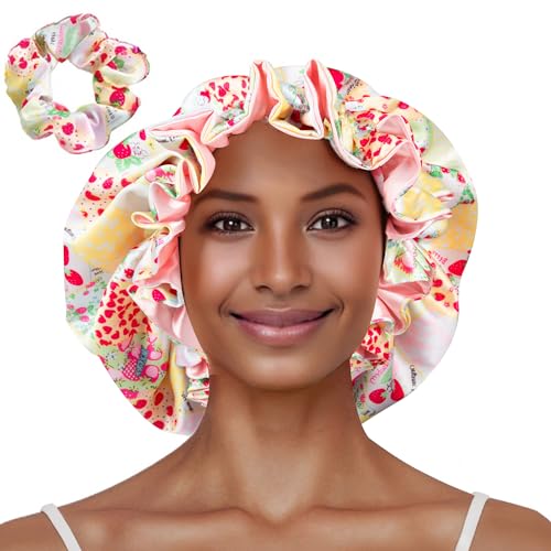 Floral Satin Bonnet with Scrunchie Set,Double Layer Ruffle Reusable Sleeping Shower Cap for Curly Hair Yellow-strawberries - color: Yellow-strawberries