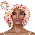 Floral Satin Bonnet with Scrunchie Set,Double Layer Ruffle Reusable Sleeping Shower Cap for Curly Hair Yellow-strawberries - color: Yellow-strawberries