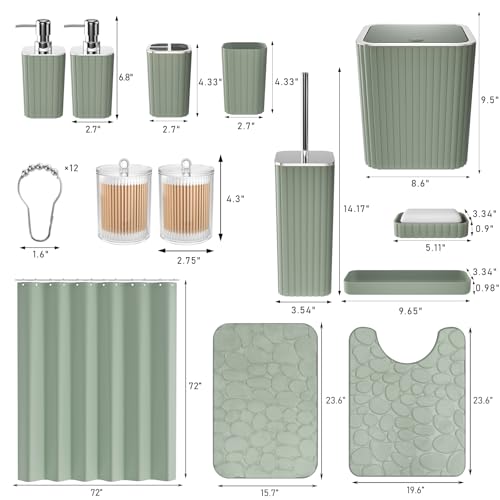 XLHOMO Bathroom Accessories Set - 25PC Sage Bathroom Set, Bathroom Set with Shower Curtain and Rugs, Sage Green Shower Curtain Set, Bathroom Accessory Set, Trash Can & Soap Dispenser - size: Bath Set+Shower Curtain+Rugs, style: Sage Green&Silver