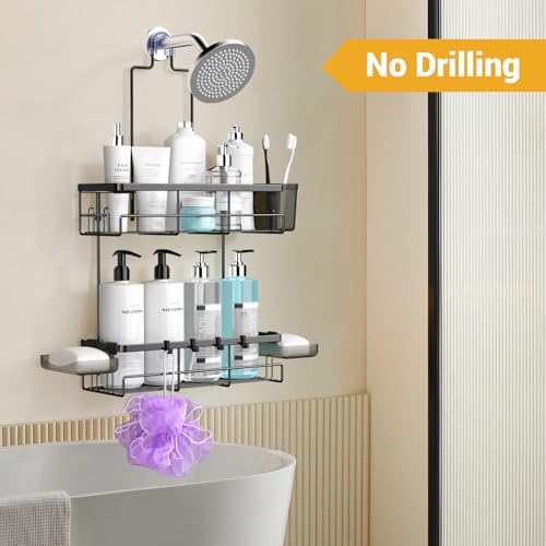 AKTECKE Shower Caddy Hanging Bathroom Organizer: Rustproof Shelf for Inside Shower - No Drilling Racks Over Showerhead - Bath Shelves for Shampoo Soap - color: Black