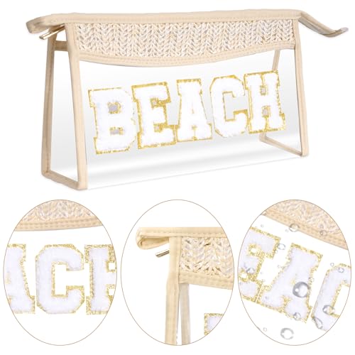 Boho Patch Cosmetic Bag with Zipper, Chenille Varsity Letter Makeup Bag, Clear Travel Pouch, Multi-purpose Small Toiletry Bag for Women Girls (Beach) - style: Beach