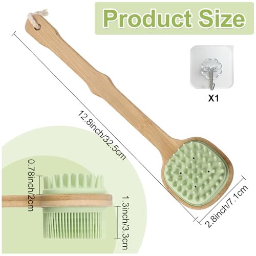Silicone Back Scrubber for Shower, Silicone Bath Body Brush Loofah with Long Handle, Dual-Sided Shower Brush for Body, Green Exfoliating Body Scrubber for Men Women, Back Washer for Men with Hook - size: green-1pcs